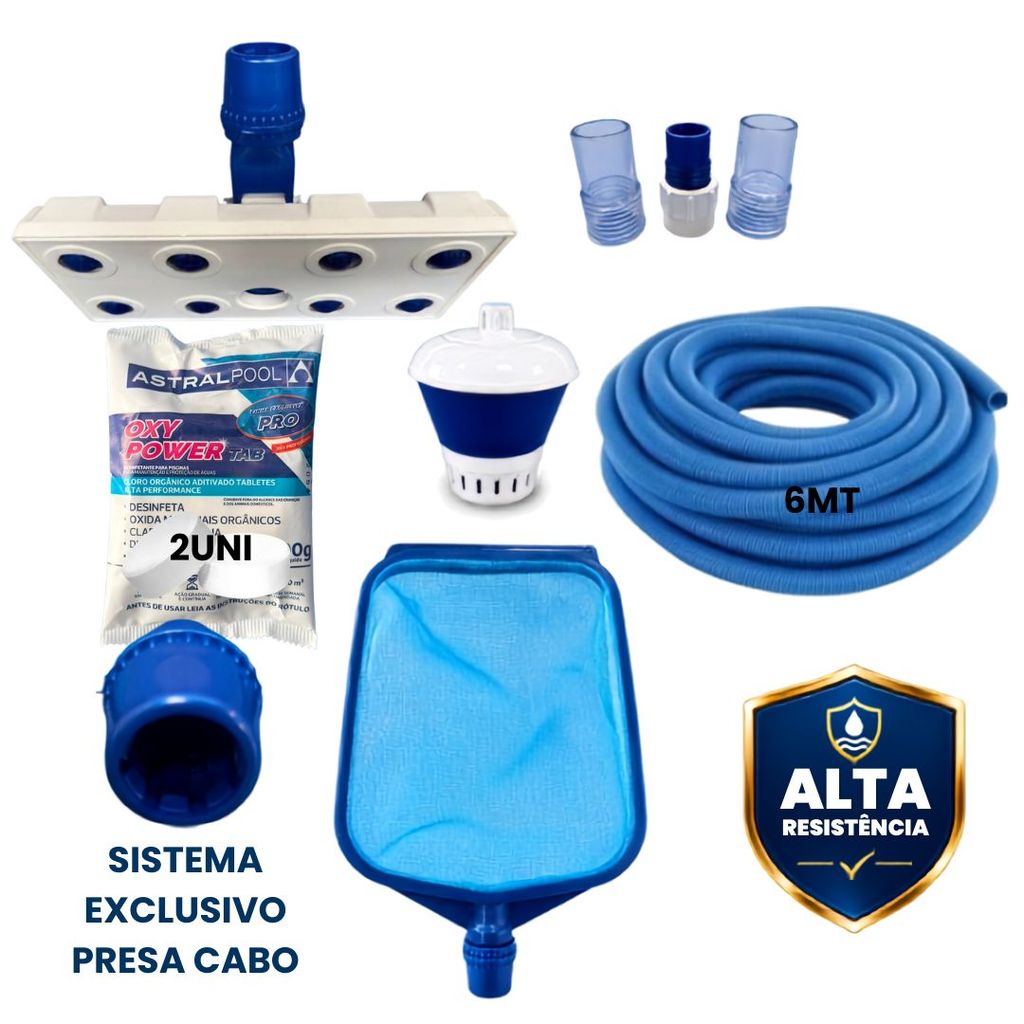 Kit Limpeza Piscina Betel Peneira Rodo Esfera Mangueira 6mt