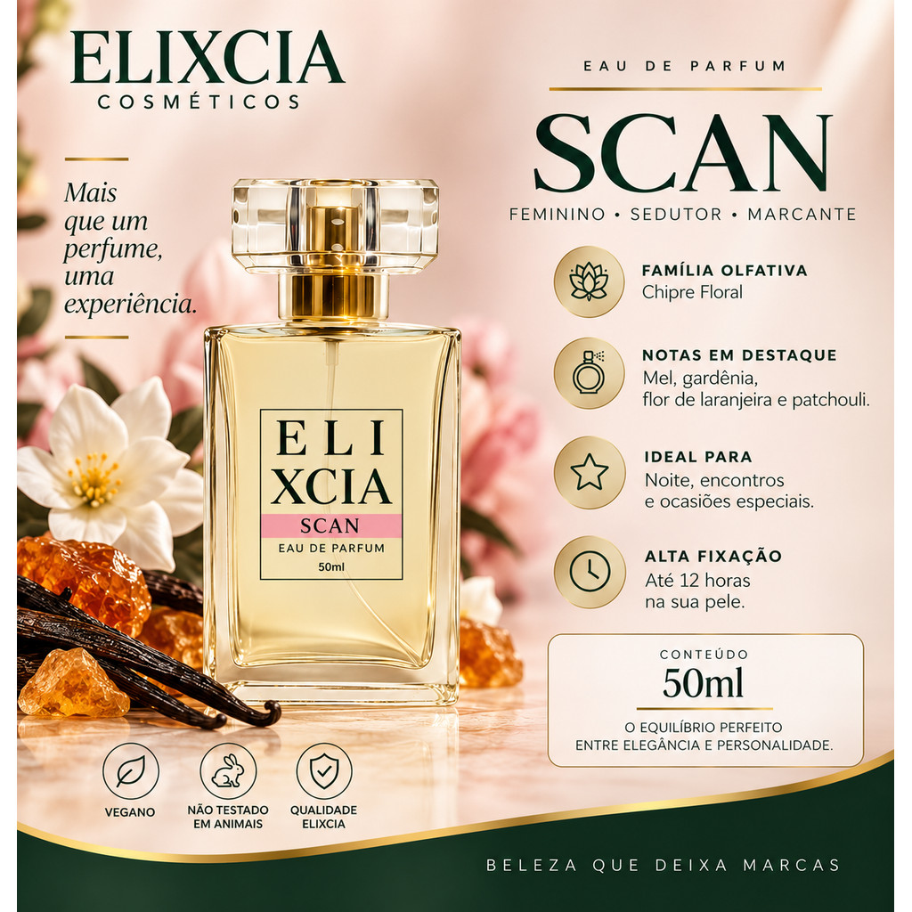 Perfume Feminino Elixcia Scan 50ml – Doce Sofisticado – Alta Fixação – Oriental Moderno