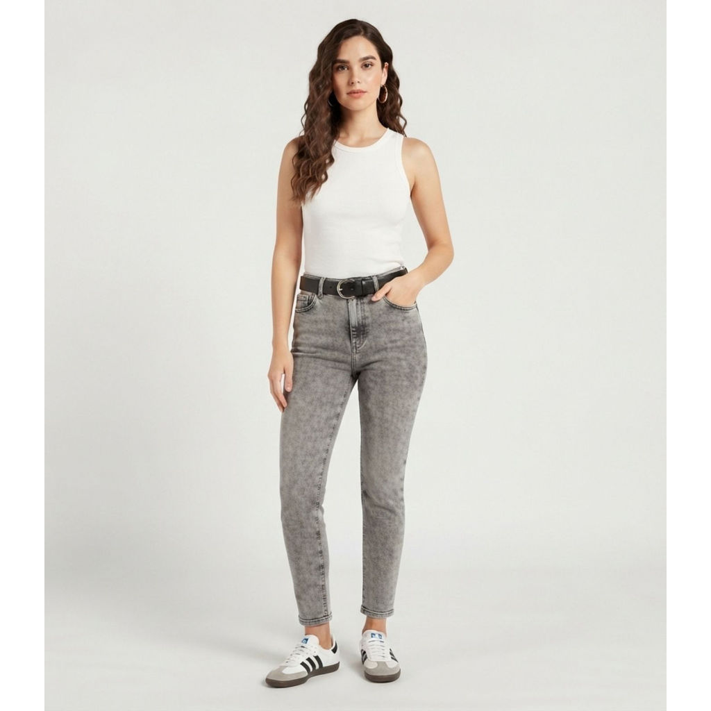 Calça Jeans Feminina Mom Rovitex Cinza