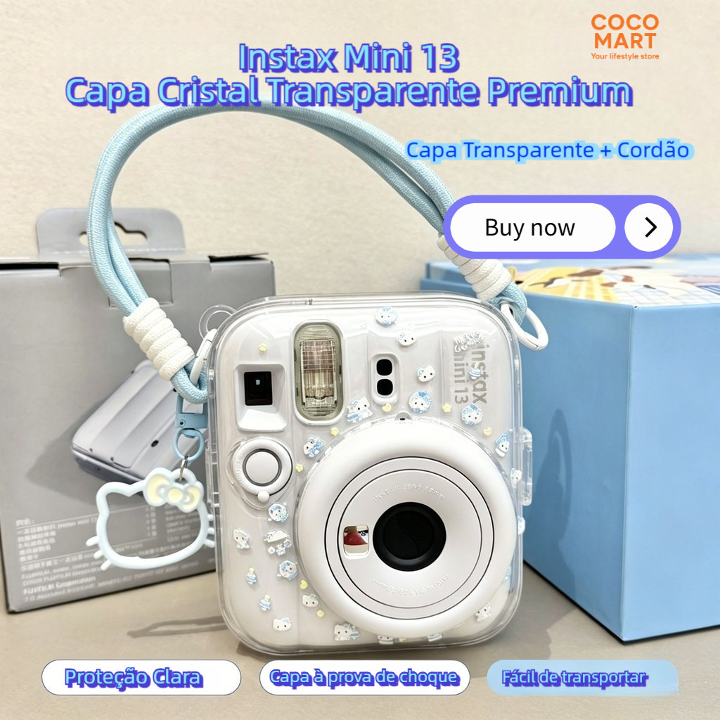 Instax Mini 13 | Capa Transparente Rígida Protetora para Câmera Instantânea com Cordão de Corrente