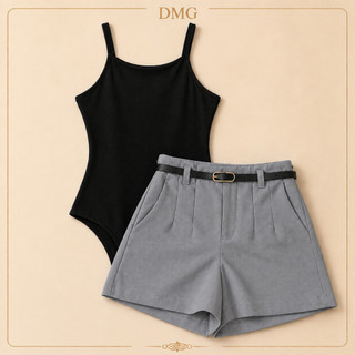 Conjunto Body Alcinha + Short Alfaiataria com Cinto e Zíper Lateral Elegante