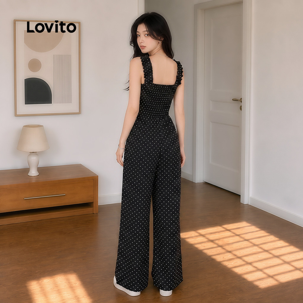(New Arrival) Lovito Macacão Preto Feminino Casual De Cor Lisa Sem Mangas Com Folhos Para Primavera/verão E Fins De Semana JRB204P1D570 — imagem 2 de 2