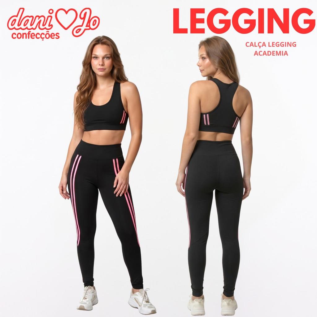 Calça Legging Feminina Academia Cintura Alta Preta com Faixa Lateral Colorida Fitness
