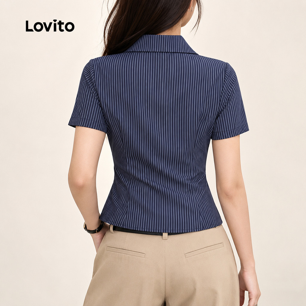 Lovito Elegante Blusa com Botões Clássica E Versátil Franzida Primavera/verão Blusa Azul Escura para Mulheres L154LD165 · foto 2