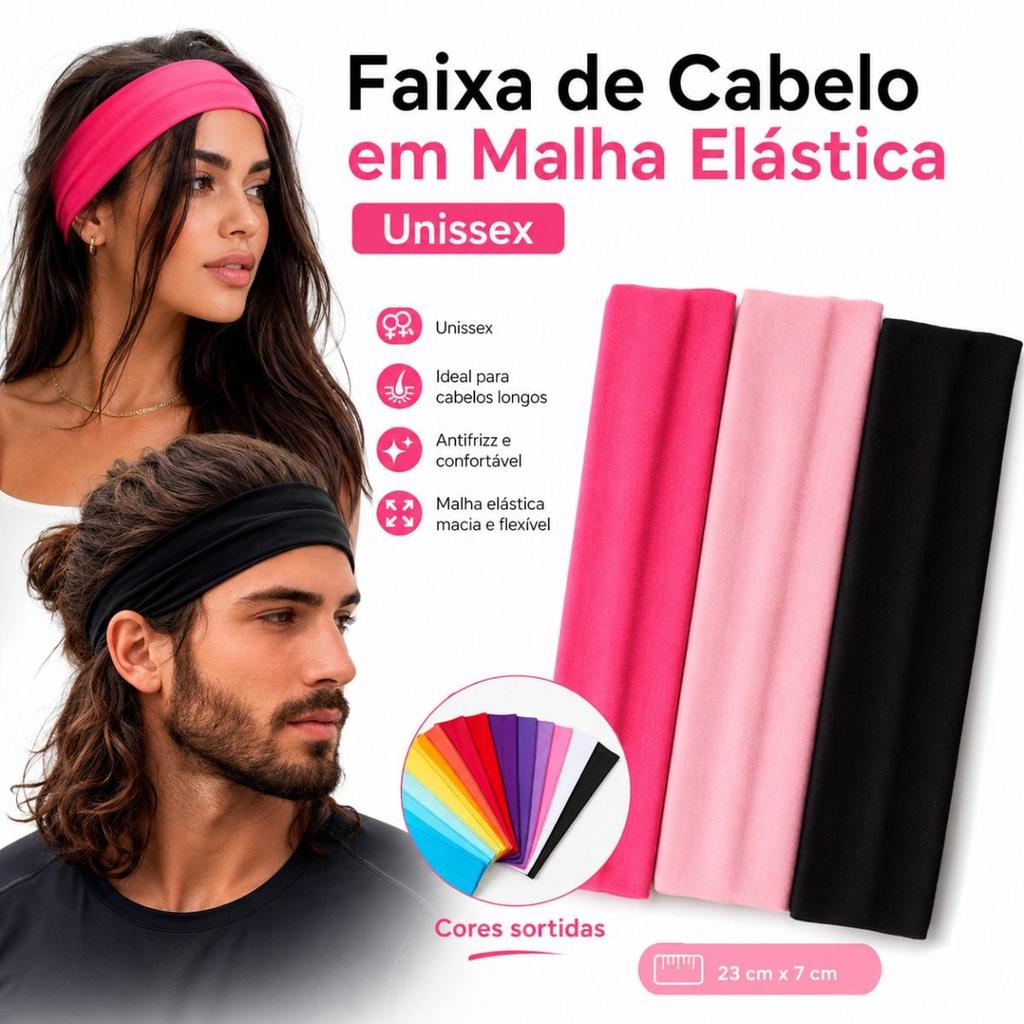 Kit 6 Faixas de Cabelo Feminina Esportiva, Elástica e Anatômica, Tamanho Único 42-64 cm, Largura 5,5 cm - Cores Sortidas