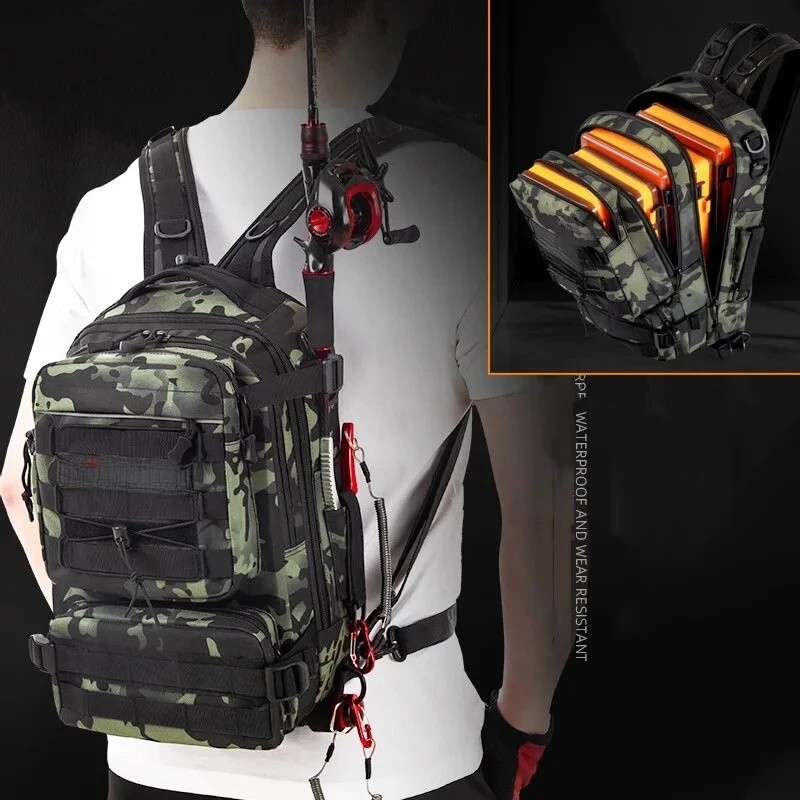 Mochila impermeável para guardar equipamentos de pesca, com suporte para vara, para uso ao ar livre, com alças para ombr