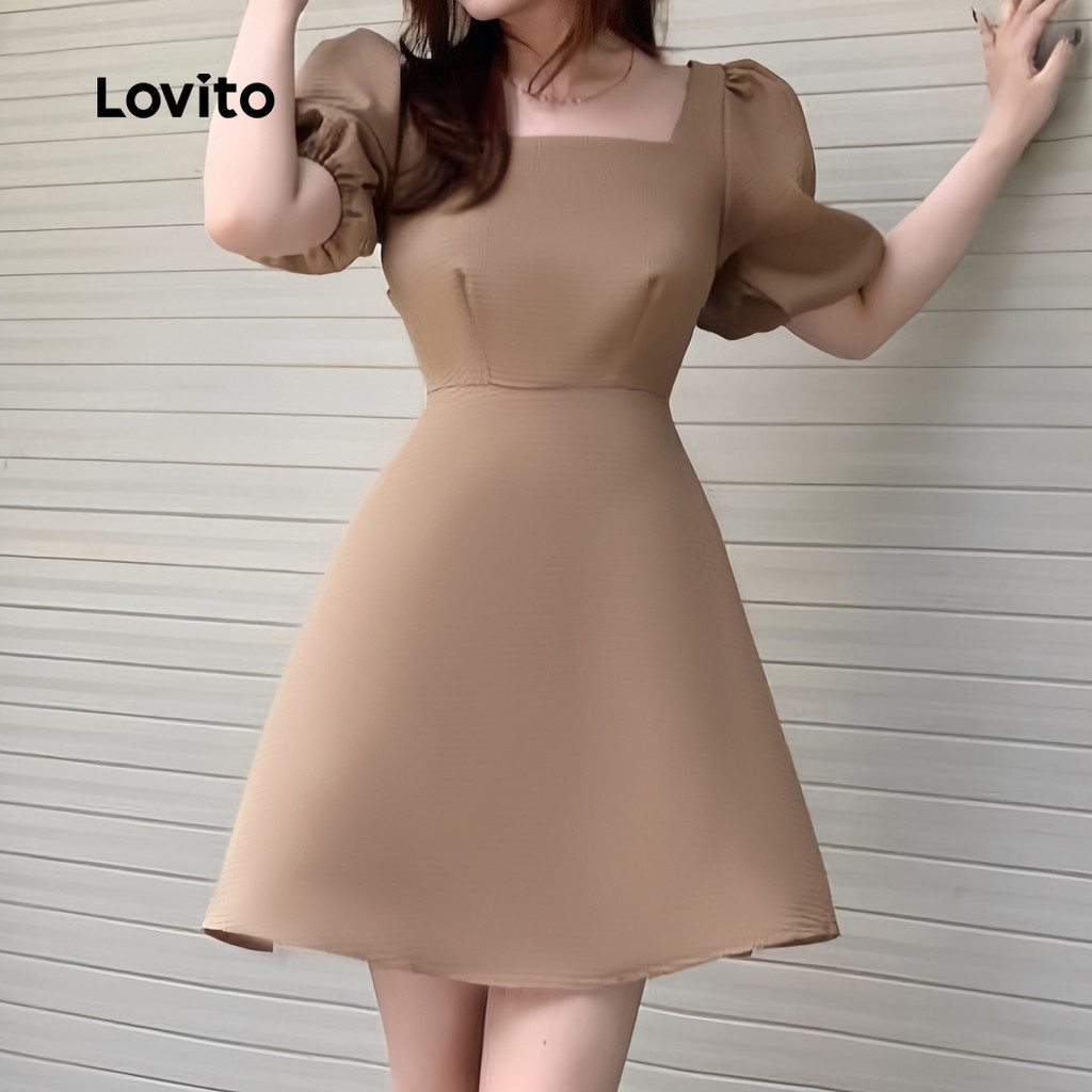 (Elegante) Lovito Vestido Com Confortável E Estiloso Para Primavera/Verão Cor Khaki Feminino L178ED1474