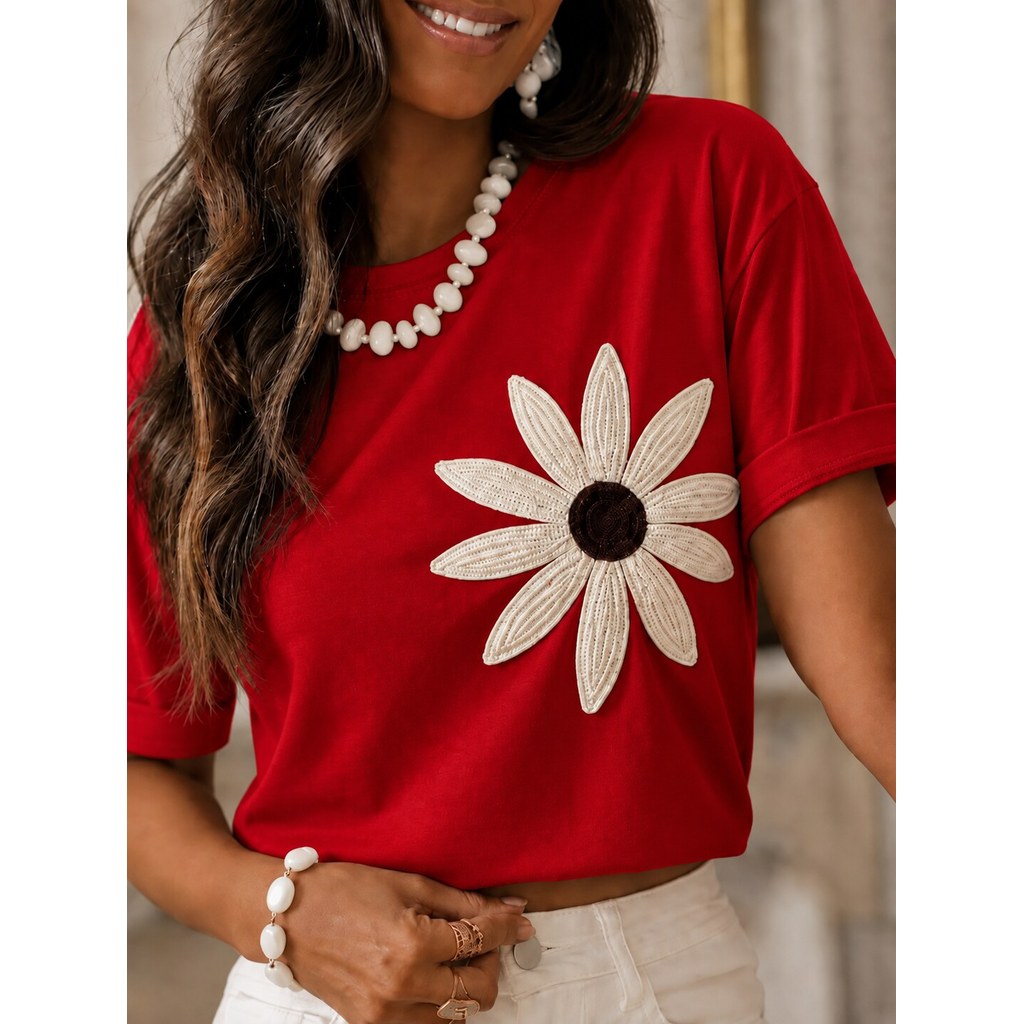 Camiseta Feminina Estilosa Margarida Estampada Lançamento Camiseta 100% Algodão