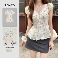 Lovito Casual Blusa Fofa de Renda com Botões Na Frente para Primavera/verão para Mulheres Bordado L154ED1015