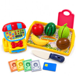 Kit Mercadinho Infantil 10 Peças Frutas Legumes Cortar Velcro Faca Tábua Caixa Registradora Brinquedo Educativo Kizumba