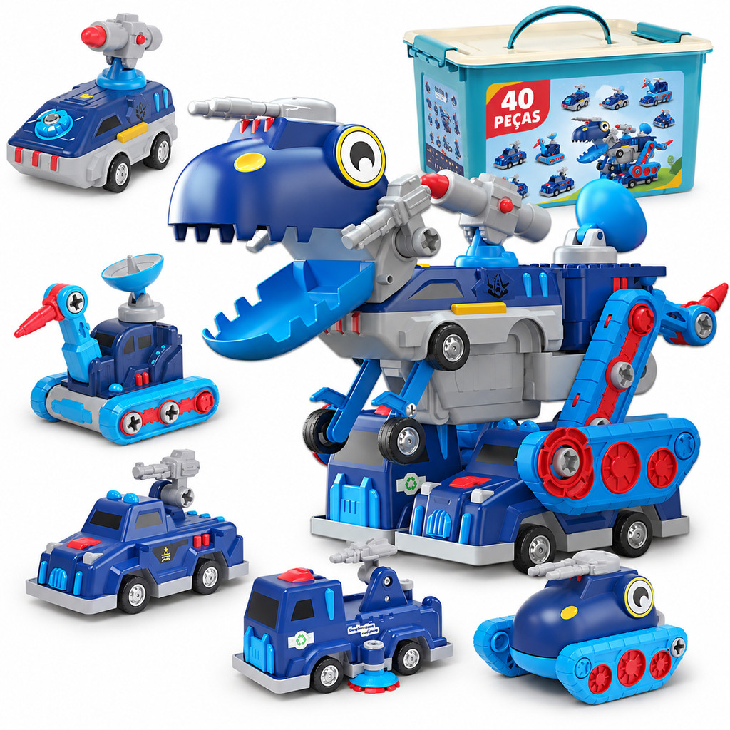Kit 5 Carrinhos Dinossauro 5 em 1 Monta e Desmonta 40 Peças Chave de Fenda Educativo Menino Kizumba