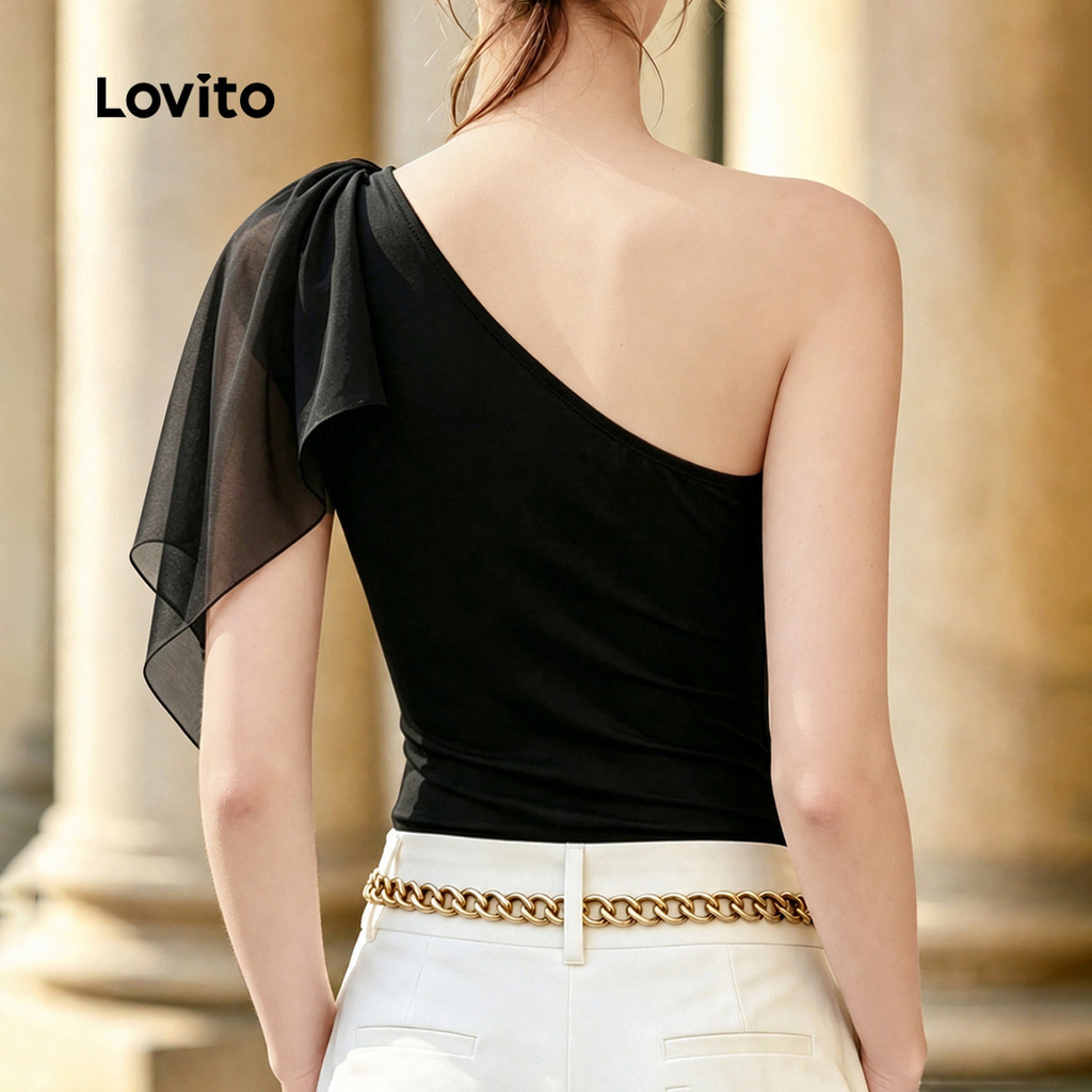 Lovito Blusa Feminino Preta Sem Mangas Gola Assimétrica Babado e Fivela Metálica Primavera Verão Traje de Trabalho TKB205P2D484 · foto 2