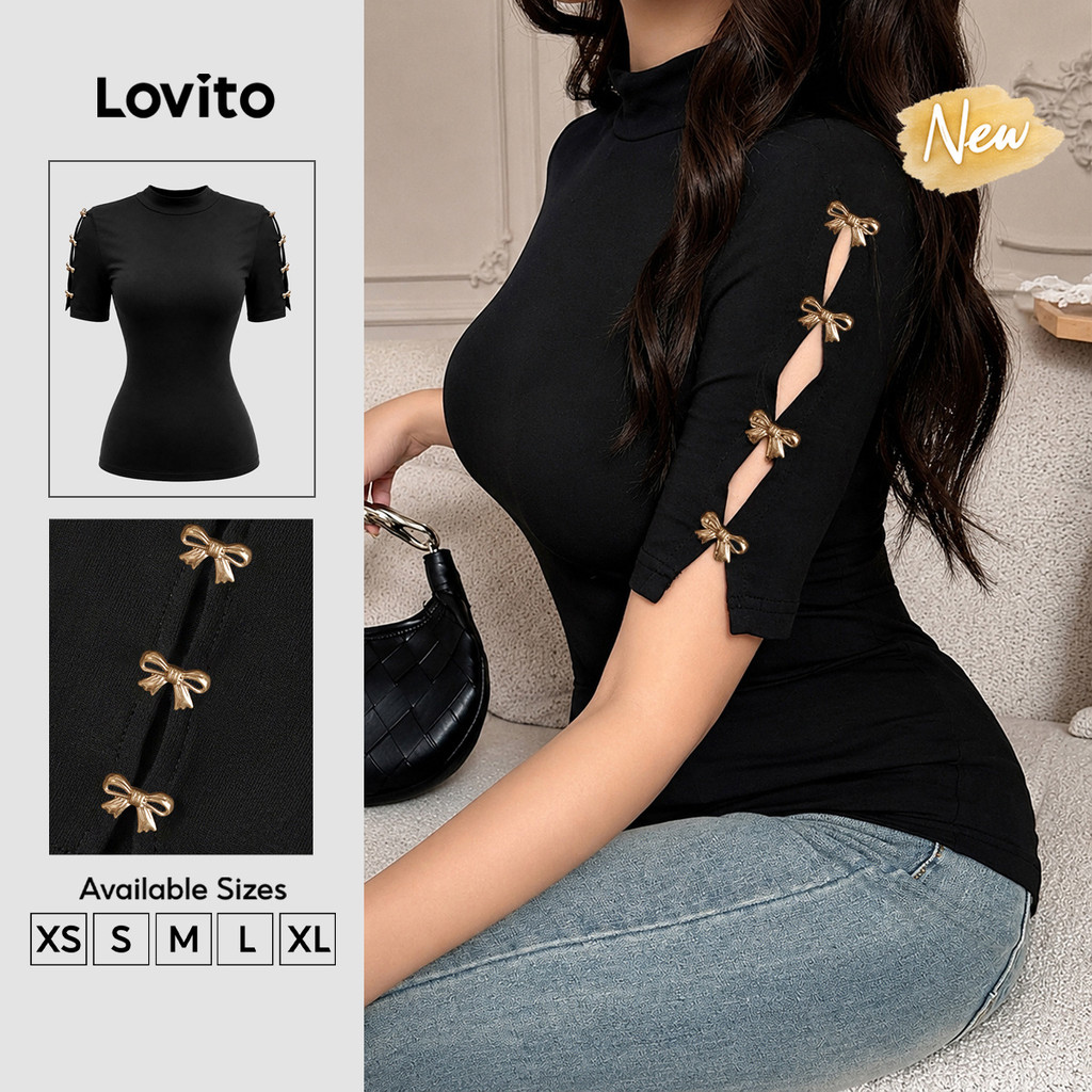 (New Arrival) Lovito Elegante Camiseta T-shirt Laço Primavera/verão Preta Camiseta para mulheres TSK9P1D238