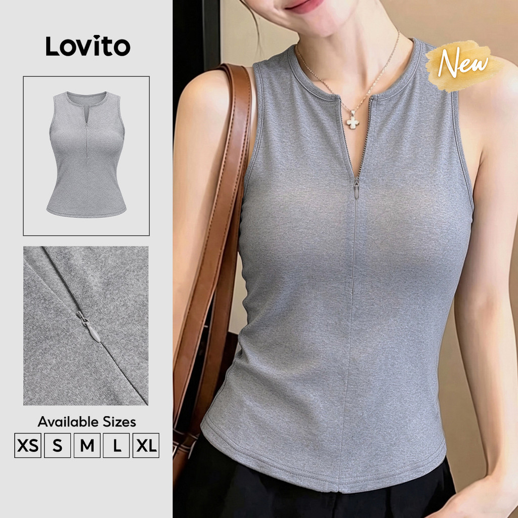 (New Arrival) Lovito Top Casual Feminino Cinza Sem Mangas Decote V zíper Ombros Vazados Texturizado primavera/verão TKK10P1D695