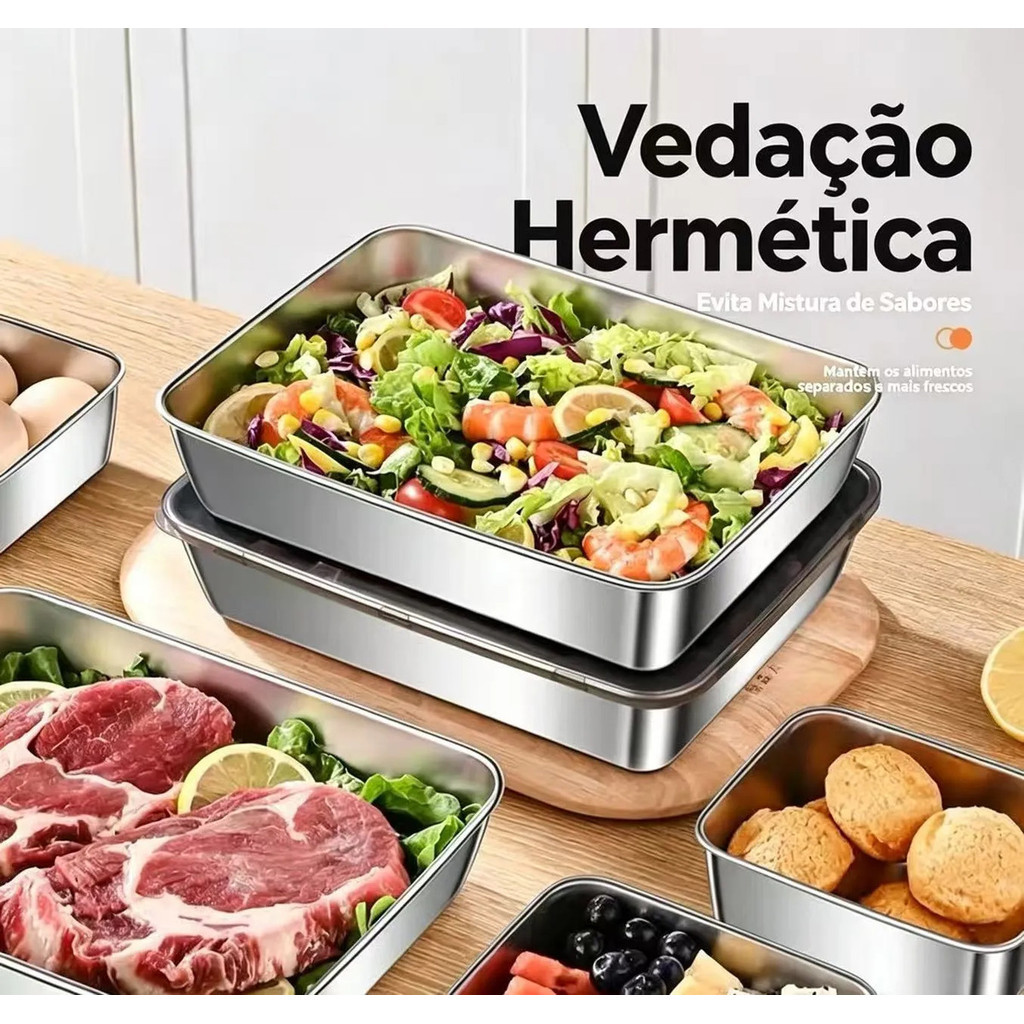 Kit 5/10 peças recipientes de inox 1.2L com tampa de vedação hermética Perfeito para cozinha geladeira e piqueniques