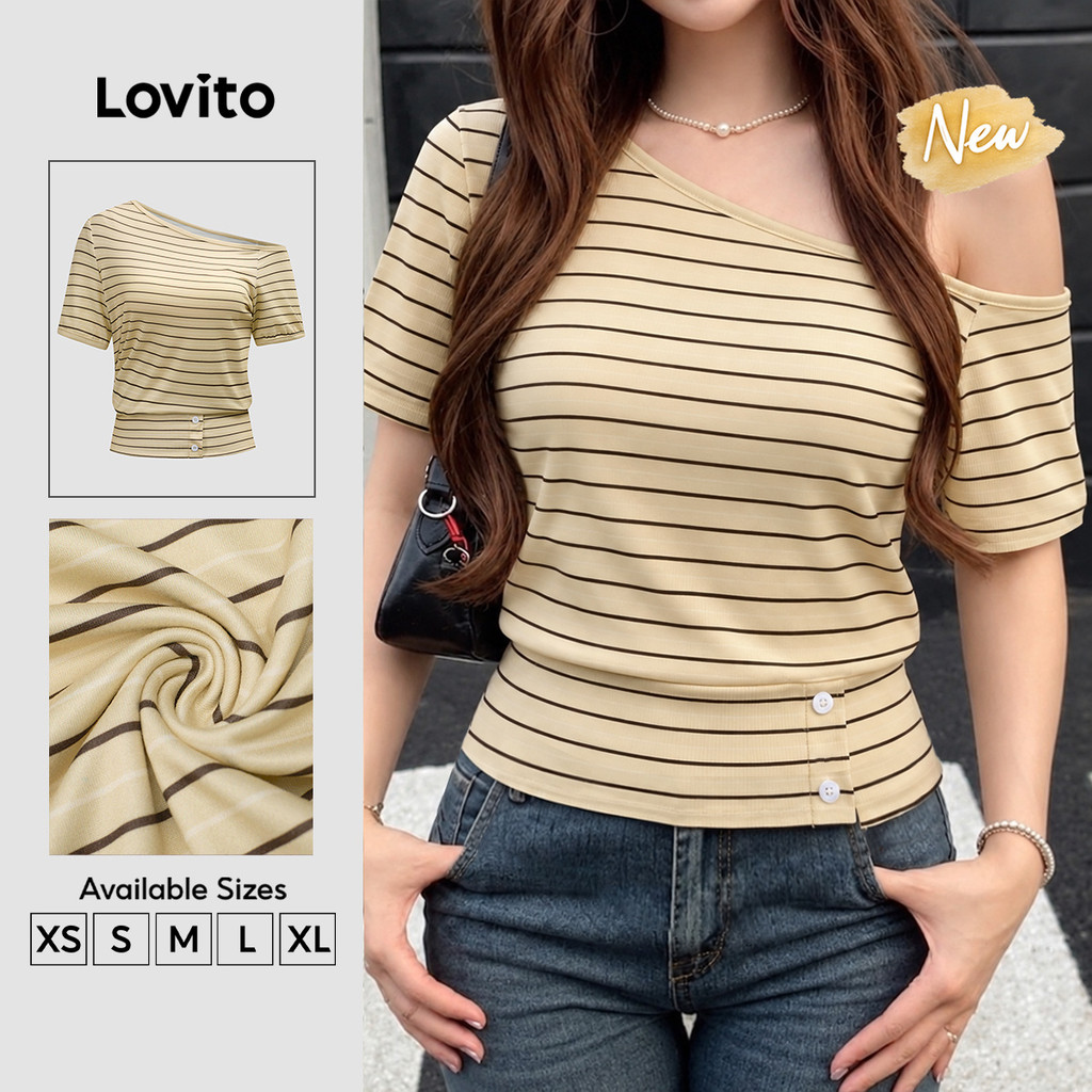 (New Arrival) Lovito Camiseta Feminina Amarela Casual Às Riscas Às Riscas De Manga Curta Com Decote Assimétrico E Padrão De Botões Para a Primavera O Verão E O Fim De Semana TSB205P2D684