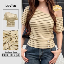 (New Arrival) Lovito Camiseta Feminina Amarela Casual Às Riscas Às Riscas De Manga Curta Com Decote Assimétrico E Padrão De Botões Para a Primavera O Verão E O Fim De Semana TSB205P2D684