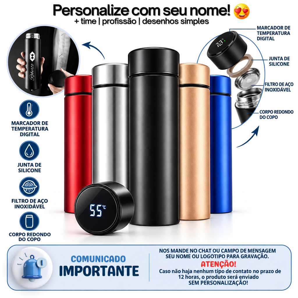 Garrafa Térmica Personalizada com LED inteligente 400ML - Nome, Logo, Desenho, Time Ello concept