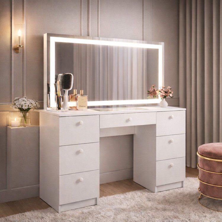 Penteadeira para Quarto com Espelho Touch LED 7 Gavetas Iris Branco