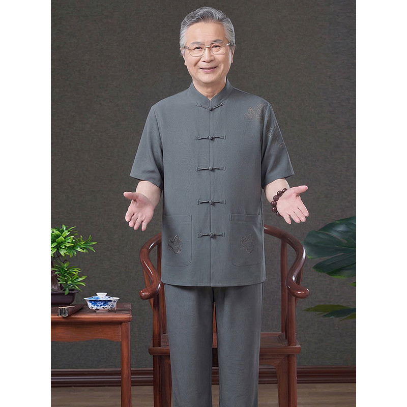 Novo estilo chinês Tang terno verão de meia-idade idoso pai terno de manga curta vovô estilo fino solto masculino estilo