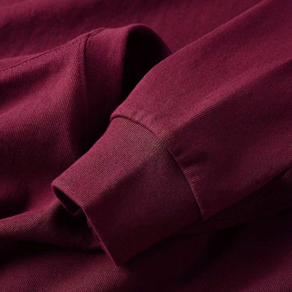 Vinho tinto 320g pesado 100% algodão em torno do pescoço de manga comprida camiseta primavera outono masculino feminino 