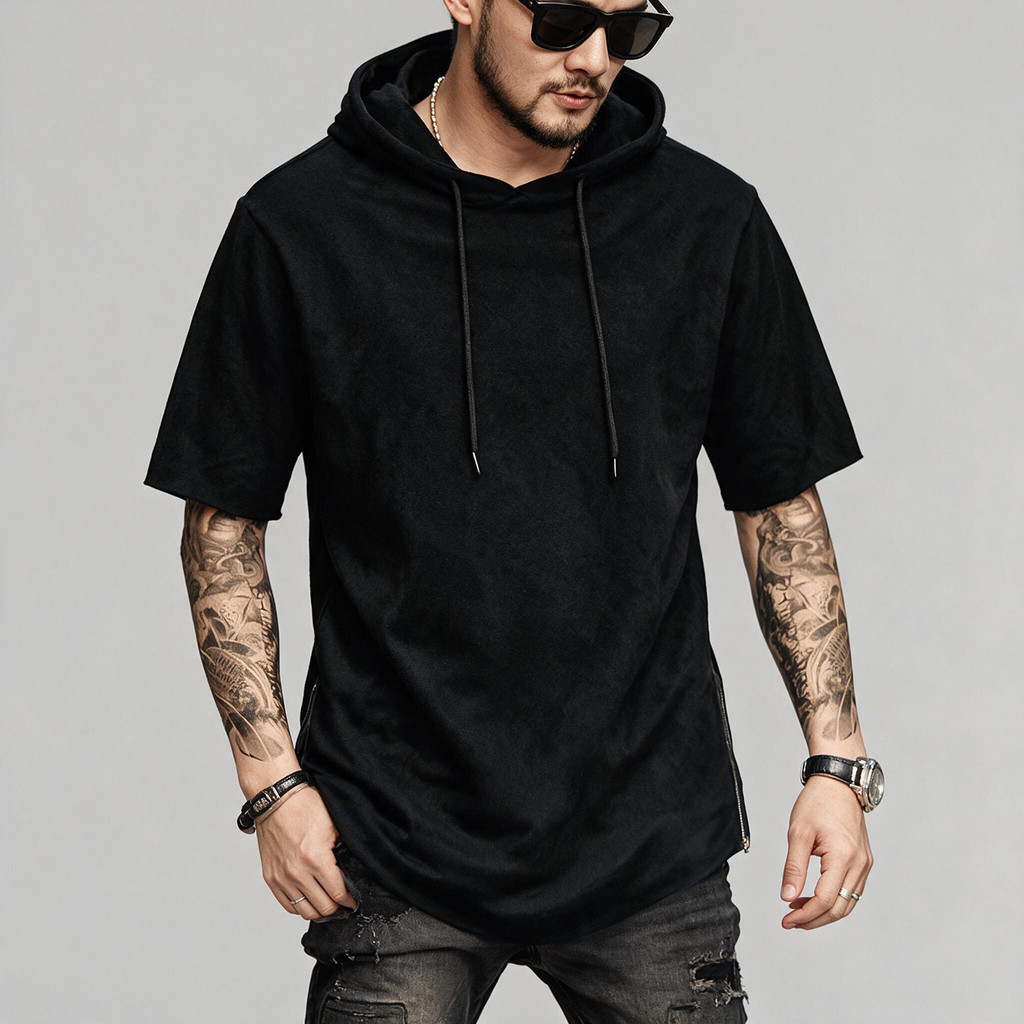Camiseta Masculina Verão Personalidade Com Capuz Camisetas Zíper Lateral Manga Curta Homme Fino Ajuste Roupas Esportivas