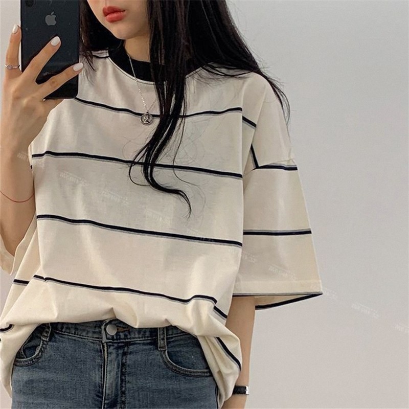 Camiseta listrada de manga curta feminina oversize primavera outono verão comprimento médio estudante Plus Size algodão 