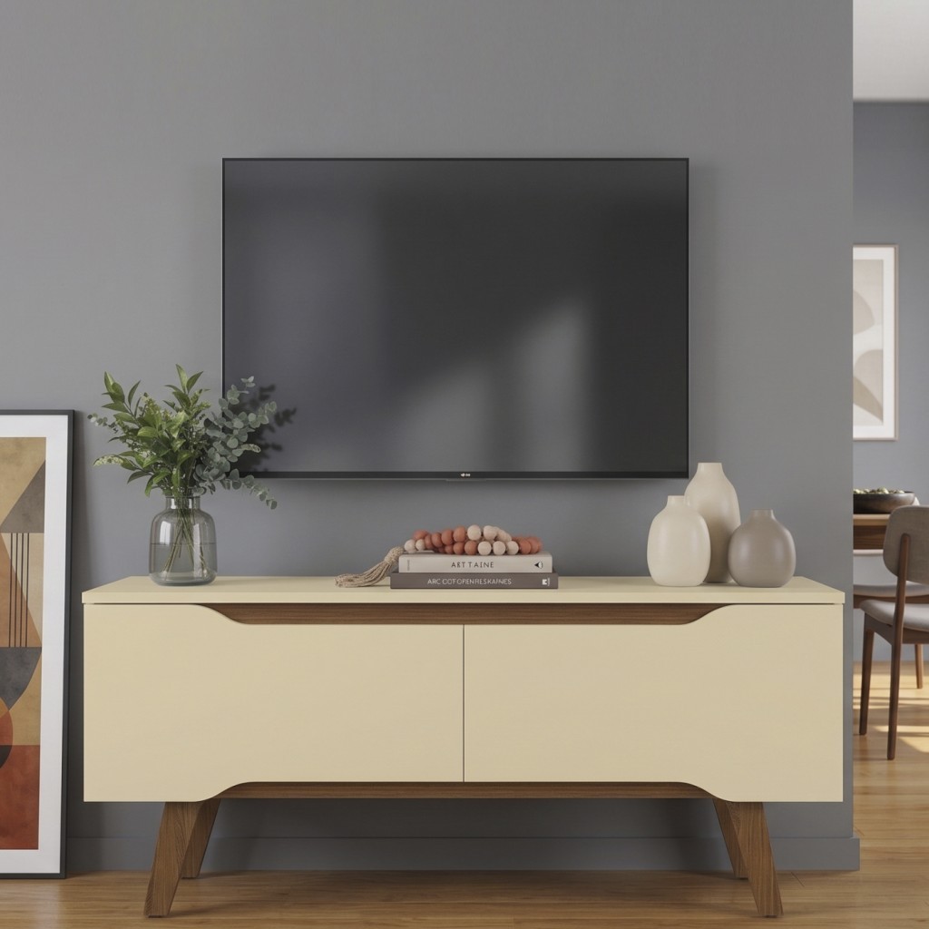 Rack Retrô Shop 1,12m para TV até 50 Polegadas 2 Portas Pés Madeira Maciça