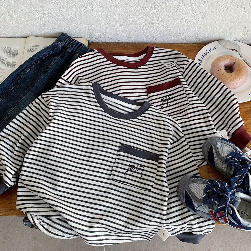 Meninos camiseta 2026 primavera outono novo estilo crianças listrado em torno do pescoço de manga comprida pulôver camis