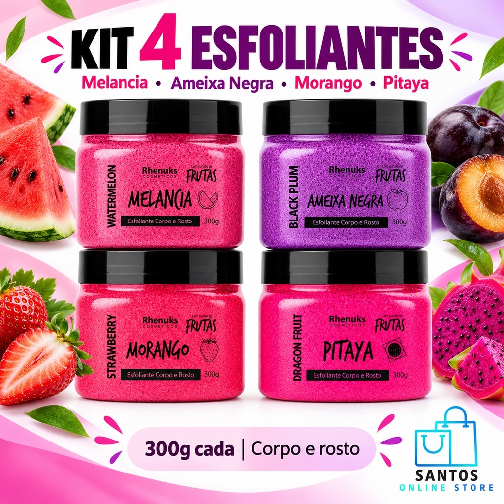 Kit Esfoliante Rhenuks 4 Unidades Morango, Pitaya, Melancia e Ameixa - Pele Macia e Renovada