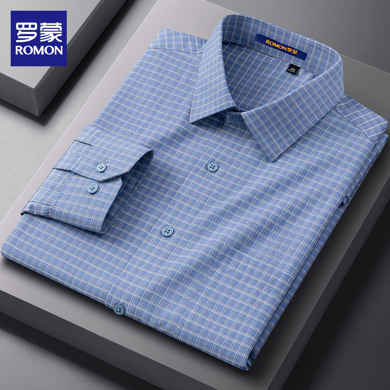 Lomon novo estilo xadrez camisa masculina de manga comprida de meia-idade Casual não-ferro listrado impresso camisa masc