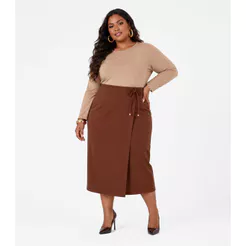 Saia Midi Transpassada Plus Size Secret Glam Marrom
