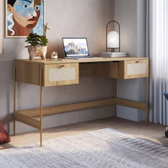 Escrivaninha Mesa Escritório Palhinha Pé Metal Oslo 2 Gavetas 139cm Hanover Marrom Hanover