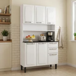 Armário de Cozinha em Aço com Bancada e Nicho 6 Portas 2 Gavetas 195 x 105cm Pratika Itatiaia Branco Branco