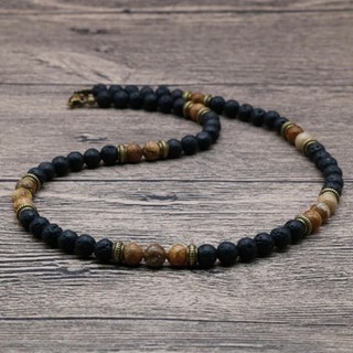 Colar vintage com pingentes de chakra, colar com pingentes, colar de pedra de lava natural de 6 mm, colar masculino, col