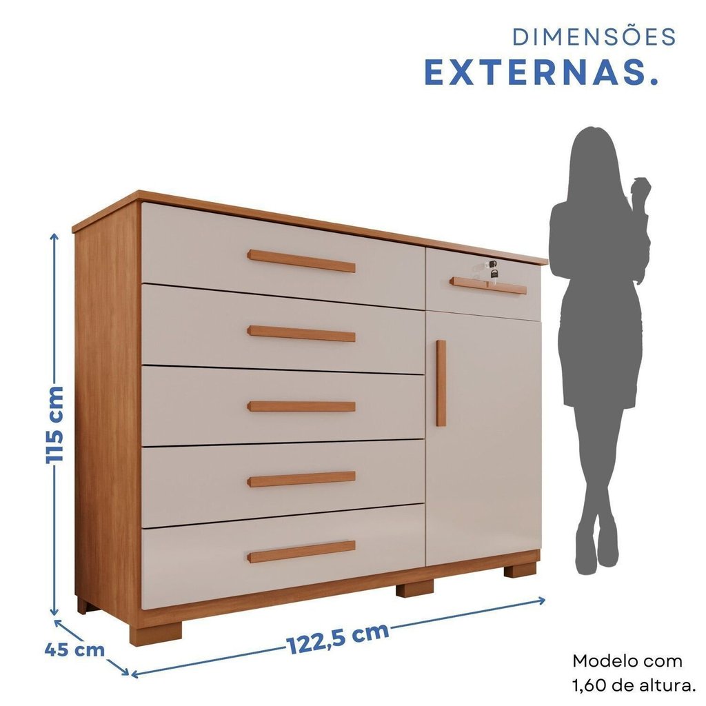 Cômoda para Quarto 1 Portas 6 Gavetas Jade Expresso Móveis Marrom/Cinamomo/Off White Cinamomo/Off White — imagem 2 de 2