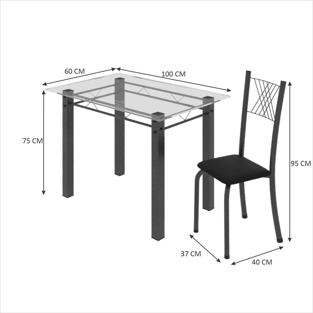 Conjunto de Jantar Mesa 100x60cm Tampo de Vidro Incolor com 4 Cadeiras Sara Yescasa Prata/Preto Liso Preto/Prata · foto 2