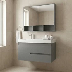 Conjunto Gabinete para Banheiro com Cuba e Espelheira Suspenso 80cm em MDF Orla Cimento/Cimento Cimento