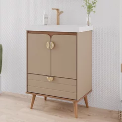 Gabinete para Banheiro 60cm com 2 Portas 1 Gaveta e Cuba de Embutir Trancoso Marrom/Cappuccino Cappuccino