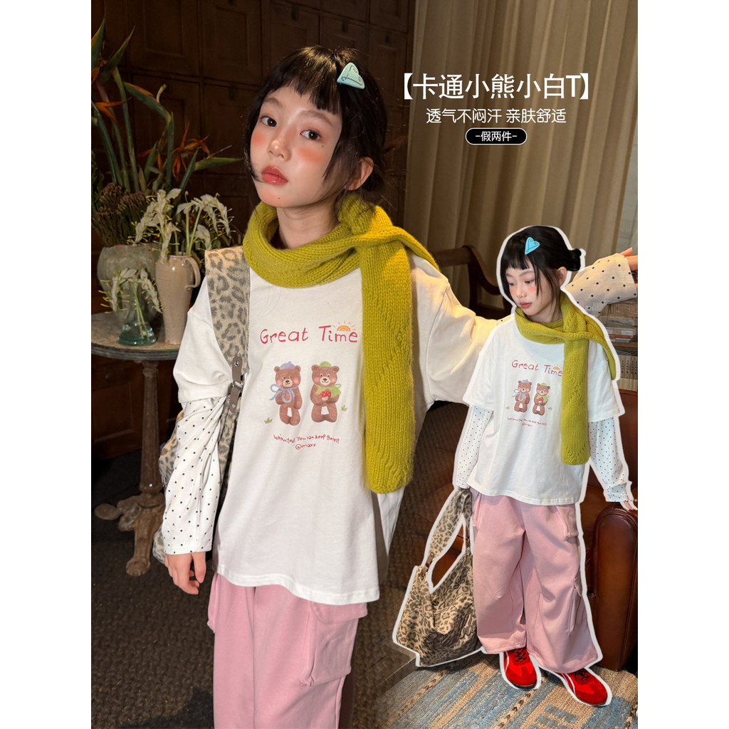Meninas de manga comprida 2026 outono versão coreana manga de bolinhas falsa camiseta de duas peças crianças impressas e