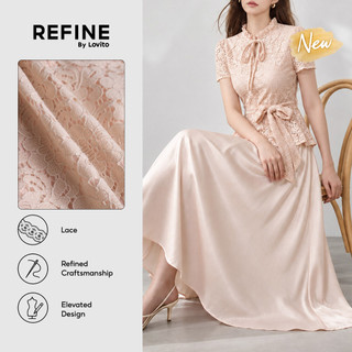 (New Arrival) (Refine by Lovito) Vestido Rosa De Escritório Para Mulher Comprido De Linha a Para Trabalho Com Atacadores Falsos E Costuras De Tecido DRR45P1D044