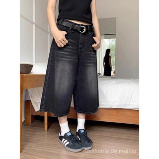 Shorts de ganga preta de cintura alta, com efeito desgastado, estilo retrô, para mulher, inspirados na moda vintage de H