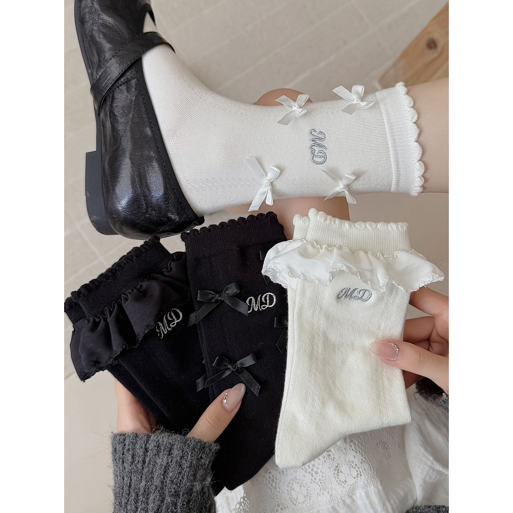 Doce japonês jk meias de renda feminino tubo médio Lolita menina bonito arco Ballet estilo pilha meias brancas