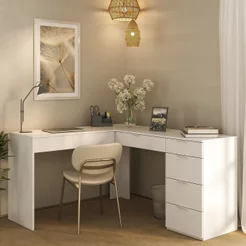 Escrivaninha em L com Mesa Escritório 5 Gavetas 152cm Branco