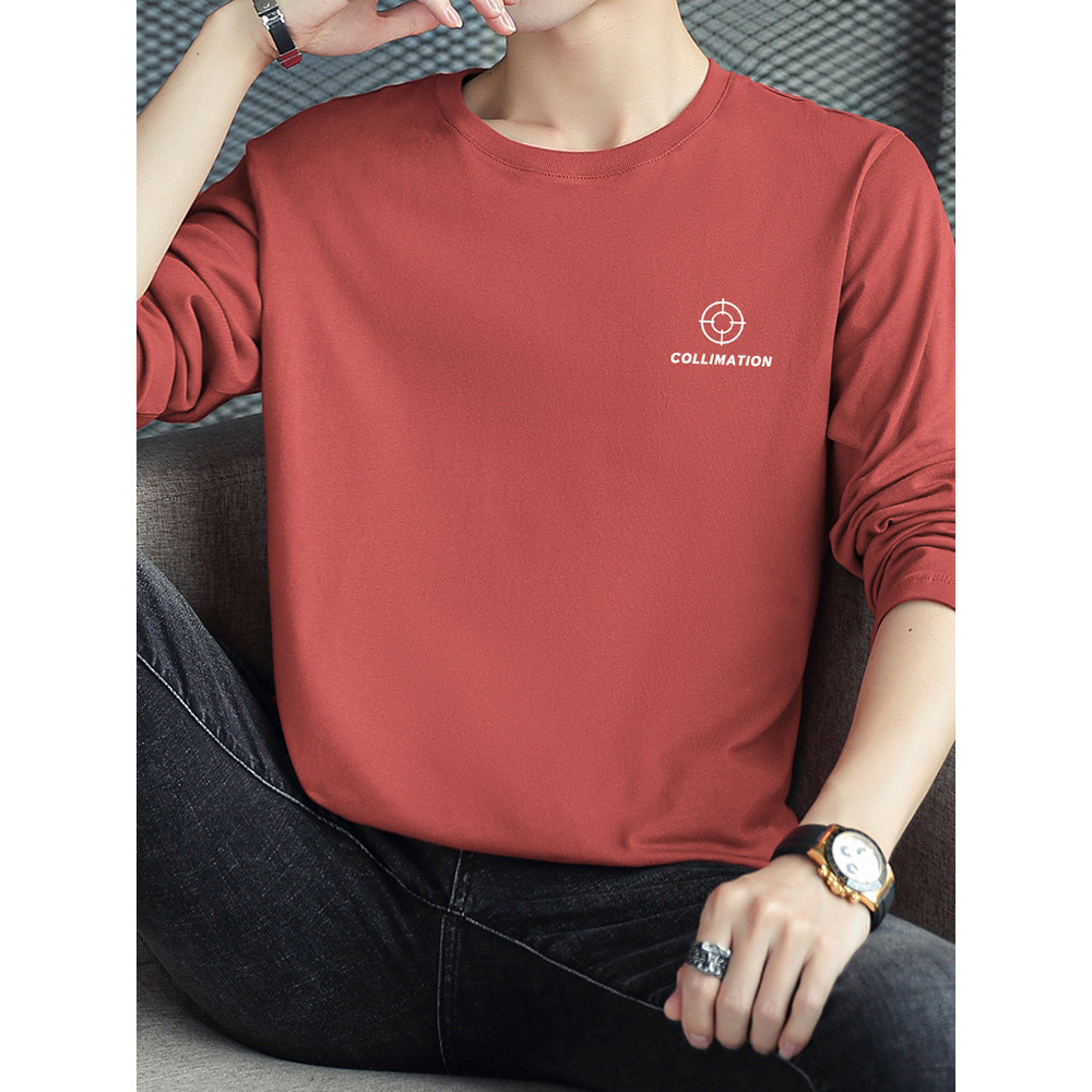 Camiseta de algodão puro masculina de manga comprida solta roupas superiores carta impressa pequena camisa de algodão na