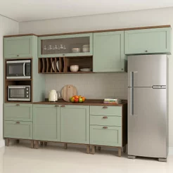 Cozinha Completa Modulada 6 Peças 100% MDF com Torre Quente, Porta Pratos e 2 Balcões com Tampo Iluminata Verde