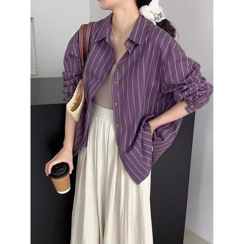 Francês roxo estilo ocidental listrado camisa de manga comprida feminina 2026 primavera outono novo estilo moda solta pr
