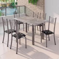 Conjunto Mesa com 6 Cadeiras Tampo de Granito Topázio Sara Yescasa Prata/Preto Floral/Mart Preto Floral/Prata