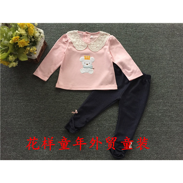 Comércio exterior coreano única meninas crianças puro algodão gola de renda manga comprida camiseta topo imitação calças