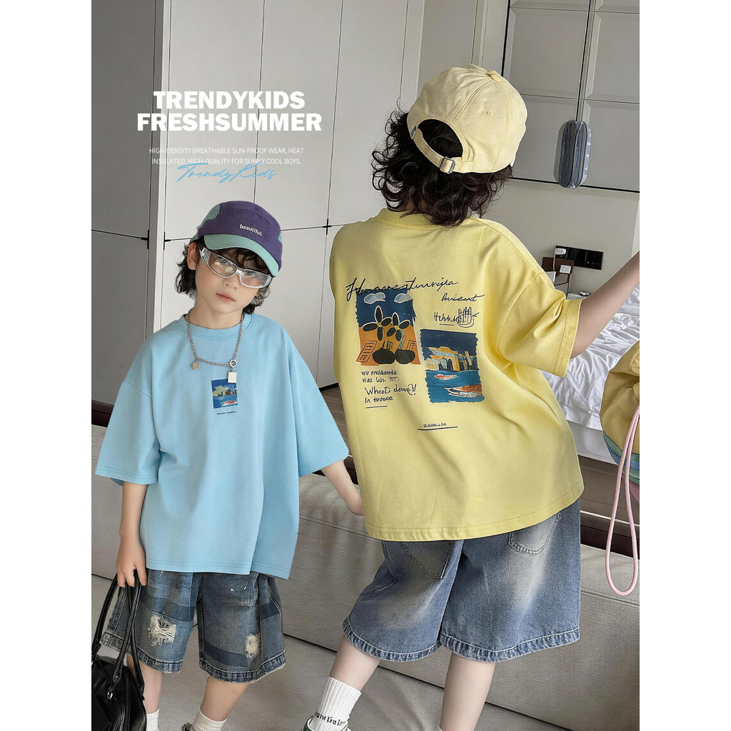 Meninos impresso verão camiseta crianças moda puro algodão de manga curta 2026 novo estilo médio grande crianças solto v